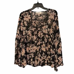 Peach Love California Black and Pink Floral Blouse with Bell sleeves Size Med